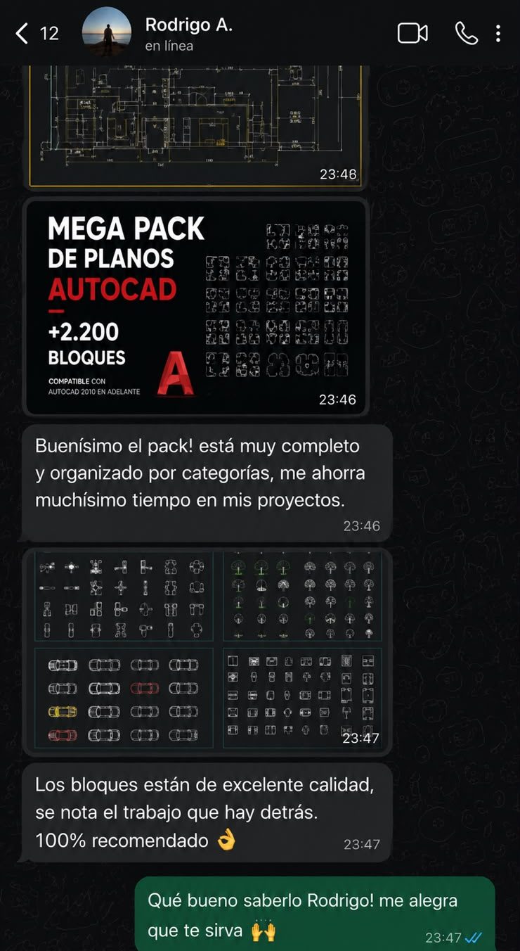 Captura de WhatsApp: Rodrigo A. escribe que el pack est&aacute; muy completo y organizado por categor&iacute;as, y que los bloques son de excelente calidad