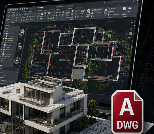 Planta real de vivienda abierta en AutoCAD junto a un render 3D del proyecto, del Mega Pack AutoCAD 2026
